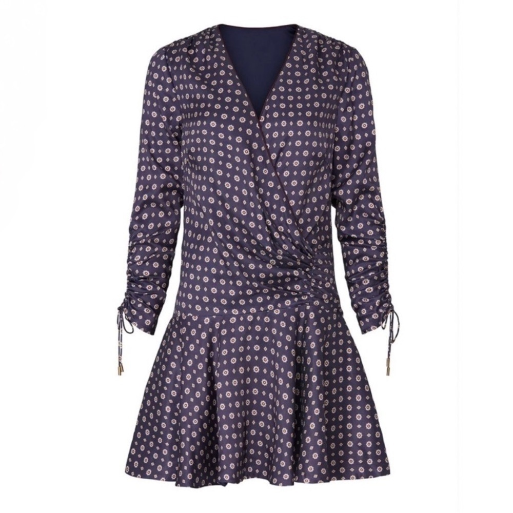 JONATHAN SIMKHAI Blue Pink Scarf Print Ruffle Mini Dress Sz 16 - Picture 4 of 13